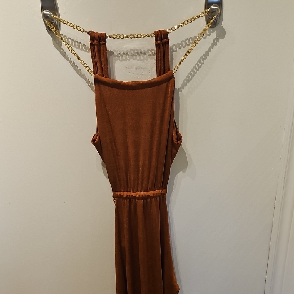 Cider Brown Backless Dress with Gold Chain Straps